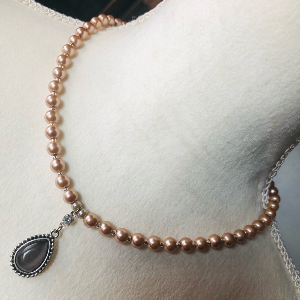 Handcrafted repurpose grey moon glow teardrop pendant Czech glass Pearl necklace